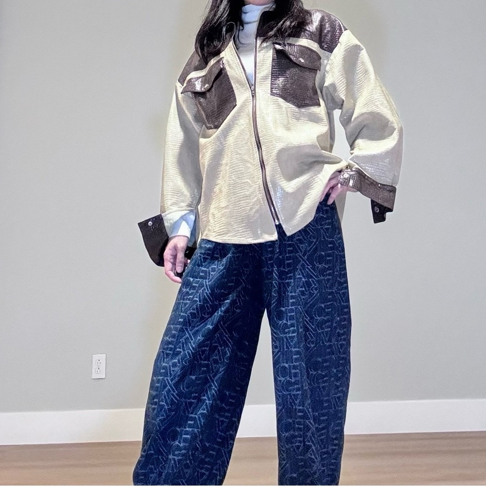 Ghospell Two-Tone Faux Crocodile Vegan Leather Oversized Jacket